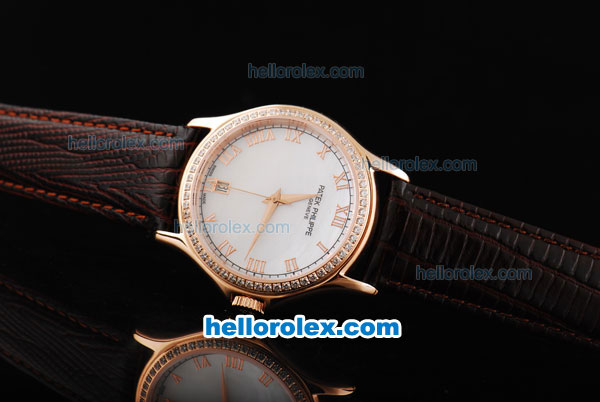 Patek Philippe Calatrava Swiss ETA 2836 Automatic Movement Rose Gold Case with Diamonds Bezel with Rose Gold Roman Numeral Markers and Brown Leather Strap - Click Image to Close